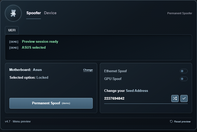 Permanent Hardware ID Spoofer interactive menu preview